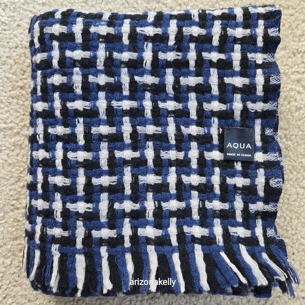 Aqua Woven Wool Basketweave Scarf Blue, Black & White